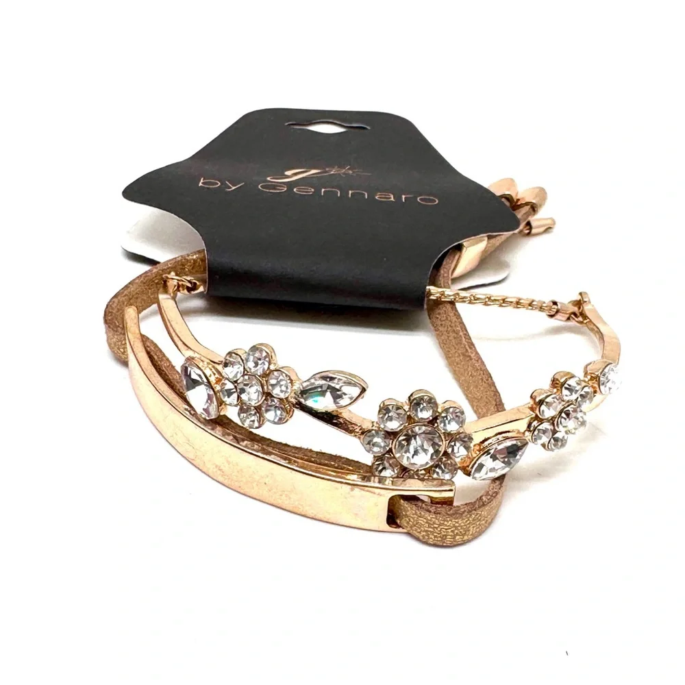 Gennaro Gold Tone Floral Crystal and Leather Bracelet Set